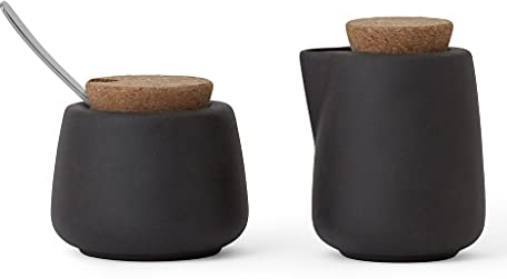 Viva Nicola Holzkohle-Zucker- und Sahnekännchen, Kaffee- und Tee-Servierset aus Porzellan – Sahnekännchen und Zuckerdose mit Korkdeckel und Metalllöffel, 7oz/200 ml Milch und Zucker für die Kaffeebar