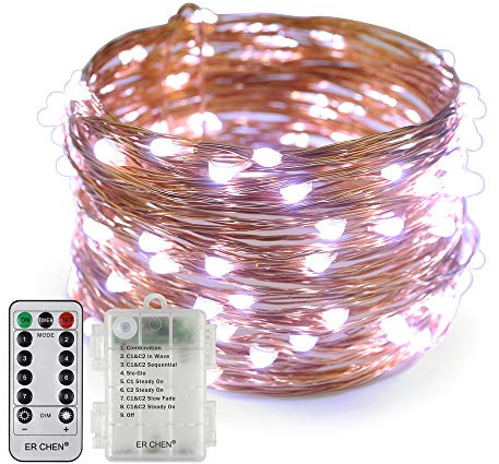 Erchen Batteriebetrieben LED Lichterkette, 33 FT 100 LED 10M dimmbare Kupfer Draht Lichterketten mit Fernbedienung 8 Modi Timer für Innen Außen Weihnachten Party (Weiß)