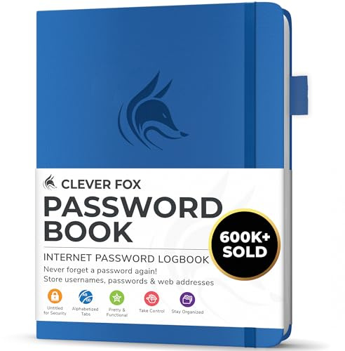 Clever Fox Password Book with alphabetical tabs. Internet Address Organizer Logbook. Small Pocket Password Keeper for Website Logins (Royal Blue)