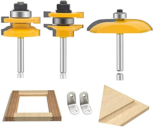 LEATBUY Router Bit Set 3 PCS 1/4 Inch Shank Round Over Raised Panel Cabinet Door Ogee Rail and Stile Router Bits Sets, Woodworking Wood Cutter, Wood Carbide Groove Tongue Milling Tool(F-T3)