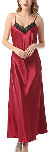 Aivtalk - Nuisette Longue Femme en Soie Artificielle Chemise de Nuit Col V en Satin Robe de Nuit en Dentelle Babydoll Lingerie Style 3 Bourgogne Taille 40