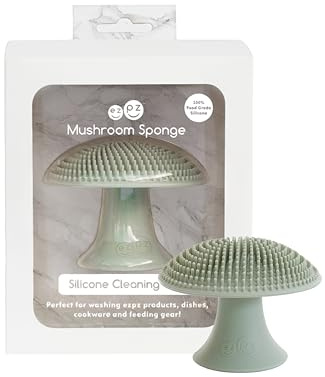 ezpz Mushroom Sponge (Sage) - Odor-Resistant Kitchen Sponge with Soft Bristles, Non-Slip Handle, Suction Base - Gently Cleans Pans, Dishes and Feeding Gear