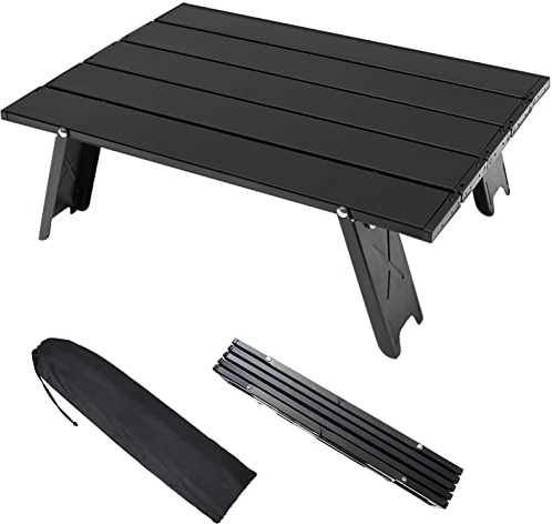 AKOFIC Small Folding Camping Table, Aluminum Portable Lightweight Camping Beach Table, Mini Foldable Micro Collapsible Compact Side Table for Picnic Outdoor Hiking Beach Travel BBQ Fishing (Black)