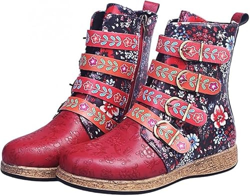 Hbeylia Vintage Booties For Women Ethnic Retro Flower Design Leather Wedge Low Heels Mid Calf Boots With Side Zipper Boho Beach Round Toe Metal Buckle Short Riding Boots Knight Work Combat Boots
