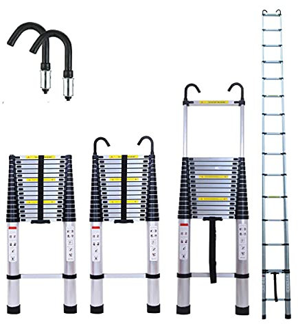 6,2m Teleskopleiter mit Sicherheitshaken, Mehrzweckleiter ‎Aluminium, 150 kg/330 Pfund Belastbarkeit, Ausziehleiter für Dachboden, Kletterdach, Büronutzung, Baujob