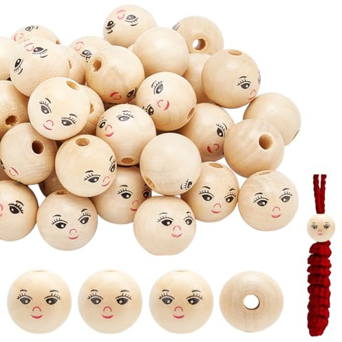 FINGERINSPIRE Gesicht Holzkugeln 50 Stück x 17,5mm Natur Holz Perlen mit Loch Smile Face Holzkugeln Rund Holzperlen für Makramee Auffädeln Armband Traumfänger Anhänger DIY Handwerk