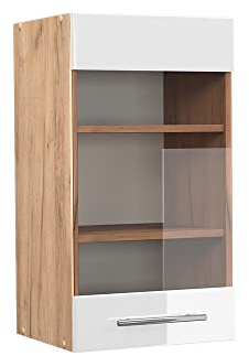 Vicco Küchenglasschrank Fame-Line, Weiß Hochglanz, 40 cm | MDF-Front · Soft-Close · Tiefe – 34,1 cm · Metallgriffe · ✓ Frei kombinierbar