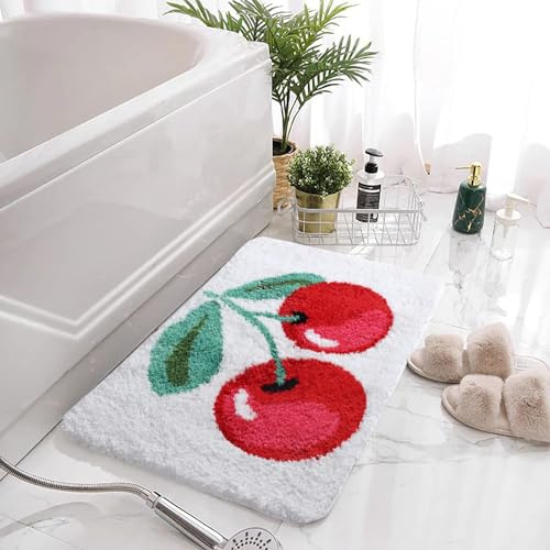 Carmoion Cute Thick Soft Absorbent Microfiber Bath Mat, Non-Slip Cherry Shaggy Rug, Machine Wash Dry, Bath Mat for Bathroom Floor, Bathtub, Shower, Sink and Decor, 20x32