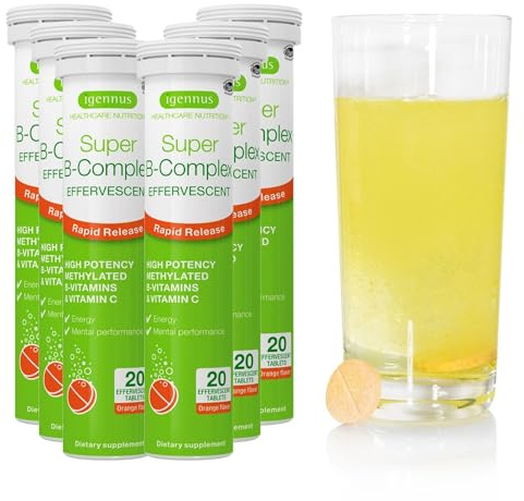 Igennus Super B-Complex Liquid B-Vitamin Effervescent Drink, Methylated, Fast Action Energy Supplement, Caffeine-Free, Sugar-Free, Orange Flavor, Vegan, 120 Effervescent Tablets