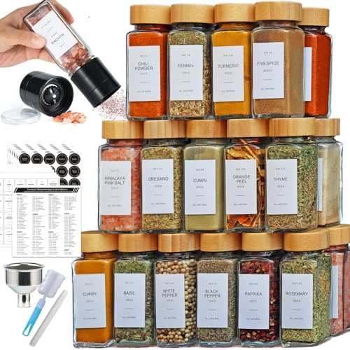 AOOEVAL 24 Pcs Spice Jars with Bamboo Lids and Spice Grinder,4 oz Glass Spice Organizer with 336 Spice Labels, Spice Funnel,Chalk and Brushes,Containers Bottles Great for Spice & Herb