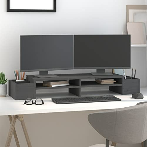 Tidyard Monitorständer mit 4 Seitlichen Ablagefächern Laptopständer Bildschirmständer Unterbau Bildschirm Monitor-Zubehör Massivholz Kiefer Grau 100x27,5x15 cm