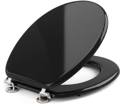 Optimal Products 18'' INCH MDF Universal Bathroom WC Toilet SEAT Quick Easy FIT Wooden Oval Shape (Black)