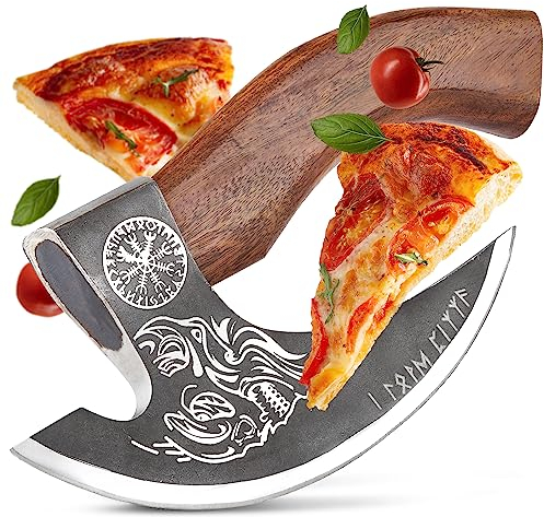 ECKWIN - Pizza Axt Wikinger inkl. Lederschutz - Pizzamesser für echte Wikinger - Pizzaschneider Axt perfekt geeignet als Wikinger Deko - Wikinger Axt, Pizza Wiegemesser, Wikinger Messer, Beil