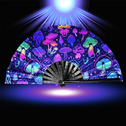 Leehome Großer Rave-Ventilator für Damen/Herren, UV-Leuchtender Ventilator mit Bambus- und Nylon-Stoff, Handventilator, für Auftritte, Tanz, Festival, Party, EDC, Geschenk (Pilz)
