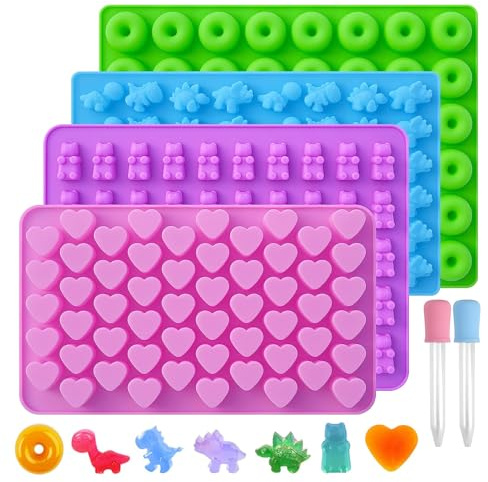 VMINOG Gummibärchen Formen 4 Stück Silikon-Schokoladenformen Eiswürfelformen Mit 2 Tropfern Süßigkeiten-Silikonformen Gummibärchen Selber Machen Set,Für Süßigkeiten,Schokolade,Gelee(26.2x21.7x2.9cm)