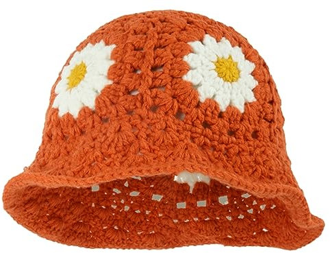 Häkelmütze für Damen, trendig, gestrickt, Blumenmuster, Schlapphut, niedlich, Boho, Blume, handgefertigt, für Outdoor, Boho, Reisen, Fischerhut, G-Orange, Medium