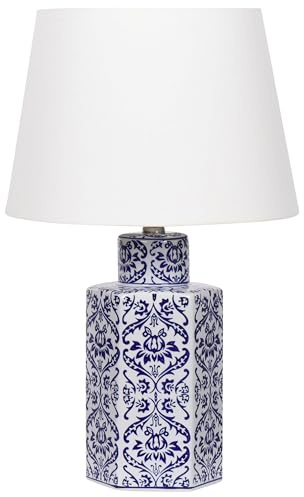 Beliani Tischlampe Porzellan blau/weiß Vasenform mit Stoffschirm Kegelform Marcelin