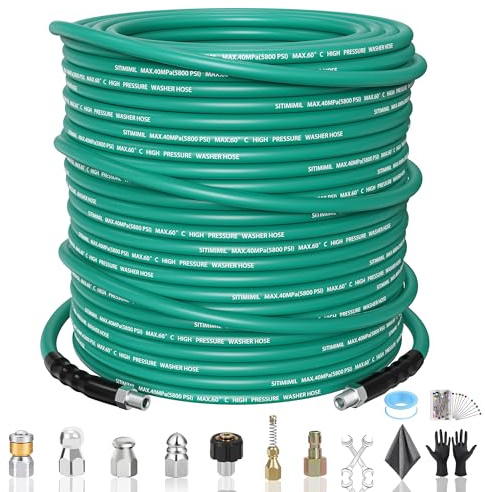 SITIMIMIL 200FT Sewer Jetter Kit for Pressure Washer,1/4‘’NPT Drain Cleaner Hose 5800PSI, with Adapter Corner Rotating Button Nose Sewer Jetting Nozzles Kit Pearl Corsage Pin Spanner Waterproof Tape…