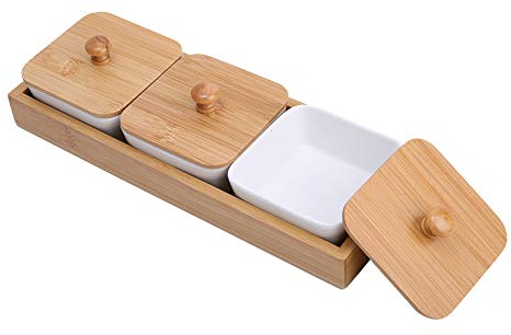 BEIJIALY Plats de Service, Bols de Service à Snack Divisés, Plateau à Snack de Fête avec Couvercle, Assiette de Service D'apéritif en Céramique avec Couvercle de(Three compartments with lid)