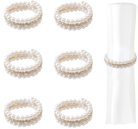 URROMA Serviettenringe mit Strass-Perlen, weiße Perlen, Serviettenhalter, Schnallen, Serviettenringe für Hochzeit, Party, Abendessen, Tischdekoration, 6 Stück