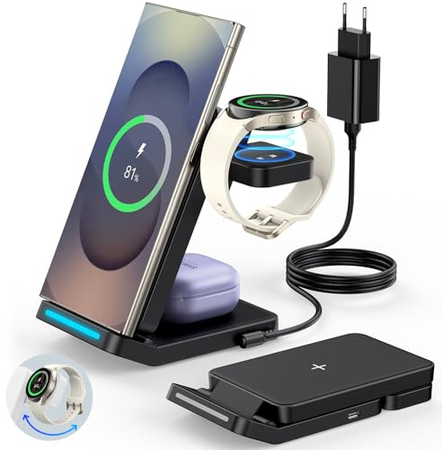 Faltbare 3 in 1 Induktive Ladestation für Samsung, Wireless Charger Kompatibel S25/S24/S23/Ultra/S22/S21/Note 20/10/ Z Flip/Fold 6/5, für Galaxy Watch Ultra/7/6/5, Buds-Schwarz
