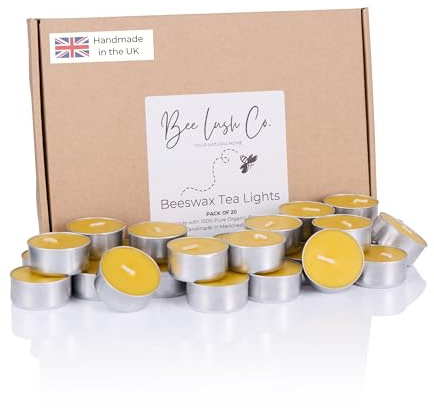 BeeLushCo 20 Beeswax Tealights, Handmade in The UK, Non-Toxic Tea Lights Candles, Pure Organic 100% Natural Bees Wax, Cotton Wick, Eco Friendly, Allergen Safe