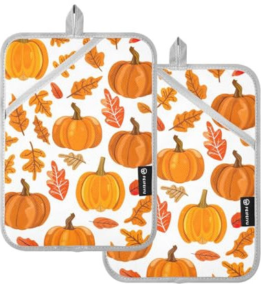 Set di 2 presine resistenti al calore da cucina con zucche e foglie autunnali, set presina da forno con tasche per cucina, barbecue, cottura