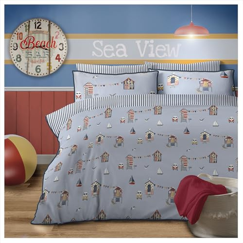 Duvet Cover Set, Seaside Beach Hut Campervan Design, Reversible Quilt Cover, Easy Care Bed Linen, Soft Cosy Bedding with Pillowcases Cotton Rich (Double)