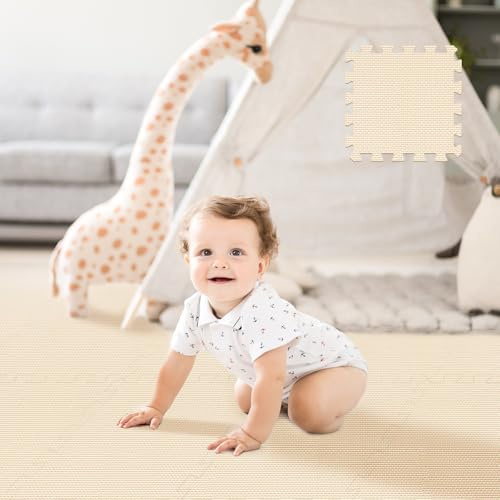 Puzzle Play Mat 16 Tiles with 32 Border Pieces, Interlocking Stitching Mat with Border for Living Room Playroom Gym, 11.8 x 11.8 Inch Beige
