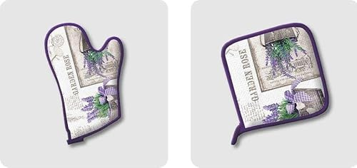RICAMI FIORENTINI BALDI Set guanto da forno e presina, disegno LAVANDA. Made in Italy (guanto + presina)