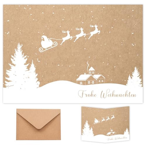 20 Stück Weihnachtskarten mit Kraftpapier Umschlag Set, A6 Weihnachtskarte mit Weihnachtsmuster und Frohe Weihnachten im Kraftpapier-Look für Freunde, Geschäftlich und Familie