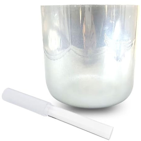Kristall-Klangschale mit silberweißer Beschichtung, 17,8 cm, B-Note, kosmisches Licht, Alchemie, Klangschale für Yoga, Meditation, Klangheilung, inklusive Klöppel und O-Ring, 440 Hz Frequenz