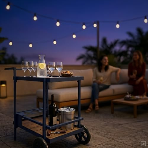abc HOME | Outdoor Servierwagen WPC & Aluminium – Wetterfester Grillwagen mit Flaschenhalter – Garten-Beistelltisch mit großen Gummirädern – Mobiler Barwagen 80 cm H