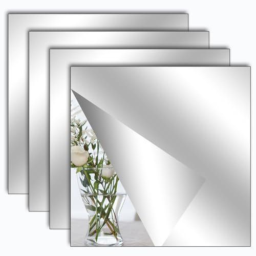 TSLBW Paquete de 4 pegatinas autoadhesivas de espejo de 20 x 20 cm, hojas de espejo acrílico para pared, escuela, hogar, sala de estar, baño, dormitorio, decoración