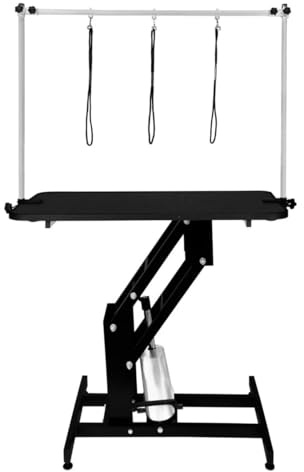Table Toilettage Hydraulique - Cadre Acier Noir Robuste & Plateau Antidérapant Noir 106 x 61cm - Hauteur 55 à 100cm - Capacité 180 kg - Toilettage Chien Animaux Professionnel.[3 Sangles INCLUSES]