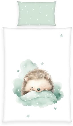 Herding babybest Bettwäsche Kleiner Igel, Kopfkissenbezug ca. 40 x 60 cm, Bettbezug ca. 100 x 135 cm, Mit Reißverschluss und Hoteleinschlag, 100% Baumwolle/Renforcé, Weiß, Grün