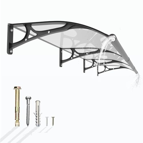 Auvent de Porte Extérieur avec Système de Drainage – 300 x 100 cm Marquise Abri de Pluie en Polycarbonate Anti-UV, Support Aluminium, Protection Contre Neige, Vent et Soleil