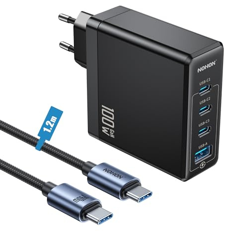 NOHON USB C Rápido Cargador: 100 W PD 3.0 GAN Fuente de Alimentación con Cable Tipo C Carga Rápida 140 W 1,2 M | PPS 4 Puertos Compatible con iPhone 12 13 14 15 16 17 MacBook iPad Laptop Galaxy S23