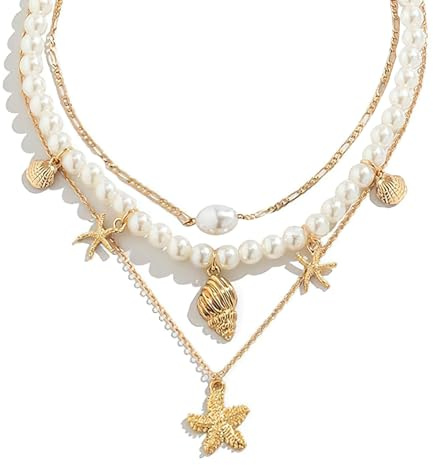 YUEXNKO Collane Conchiglie, Collane da Spiaggia di Perle, Boho Perla Conchiglia Ciondolo, Collana di Conchiglie Donna, Conchiglie Collana, Collana Conchiglie Oro, Collier Donna Golden (Colore A)