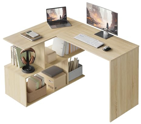 WOLTU Schreibtisch L Form mit Stauraum, Eckschreibtisch Helle Eiche,120x100 | Offenes Regal, Doppelte Tischplatte, für Homeoffice Schlafzimmer Wohnzimmer