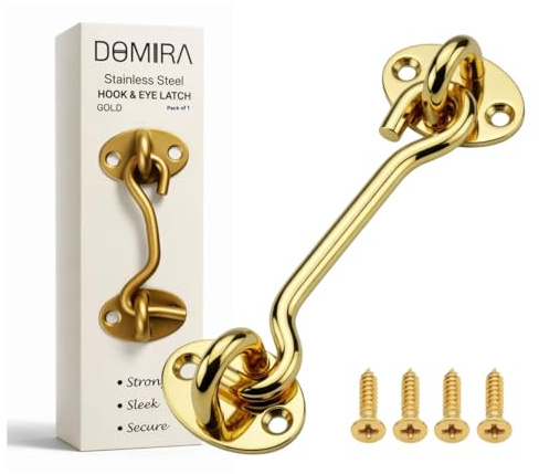 Domira Hook & Eye Latch - Heavy Duty Stainless Steel Door Lock | 3, 4, 6, 8 Inch | Gate Hook and Eye Latch for Doors, Sheds, Barns, Windows, Sliding Doors (Gold) (Black, 4 Inch)