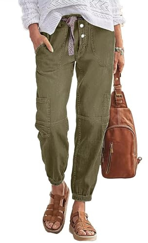 Flamingals Straight Leg Button Fly Jeans for Women Multi Pocket Mid Rise Jeans Without Belt Denim Barrel Pants Green S