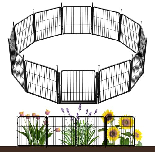 Decorative Garden Fence with Gate 60 cm(H) x 6.8 m(L) 12 Panels, Heavy Duty Metal Animal Barrier Fence for Yard, Flower Bed Fencing, Garden Border Fences, Easy Set Up, Black