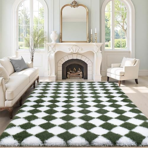FVVRAX Large Rugs Living Room, Non-Slip Washable Geometric Rugs for Bedroom | Modern Hexagonal Pattern Green White Rug 120x170cm, High-Pile Fluffy Carpet for Lounge Nursery，Non-Shed Soft Rug for Kids
