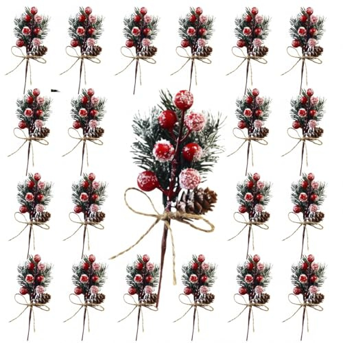 Suny Smiling 20PCS Artificial Mistletoe Pick Sprigs Holly Christmas Tree Decor Christmas Table Decorations with Red Berries and Pine Cones for White Xams Theme Party
