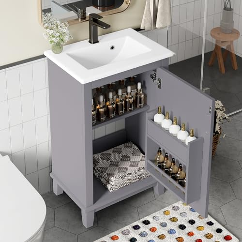 OKMYHOME Mobile da bagno con lavabo da incasso, 1 anta e ripiano regolabile, in MDF + ceramica, 51 x 34 x 83 cm, colore: Grigio