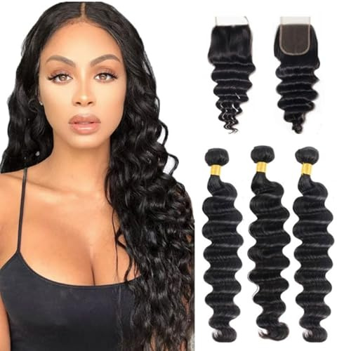 FUIBEJAE Paquetes de Cabello Humano Negro Suelto con Onda Profunda #1B Paquetes de Cabello Natural con Cierre de Encaje Extensiones Virgen Brasileño de para Mujeres Negras,16 18 20+16closure