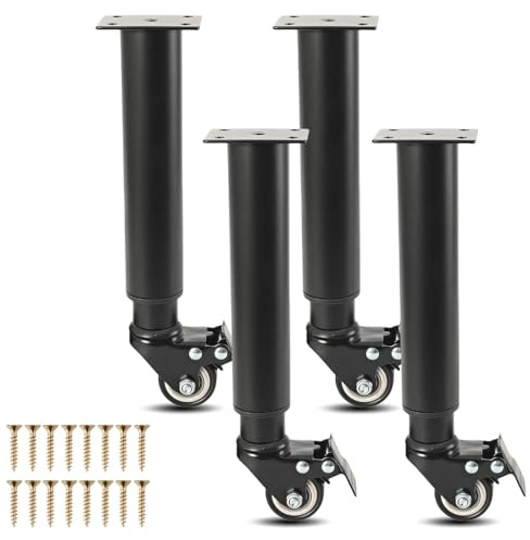 Mreryyse 4 patas ajustables en altura con ruedas, giratorias 360 grados, patas de muebles de metal, altura ajustable 24-36 cm, patas de muebles con ruedas para sofá, cama, armario, mesa, color negro