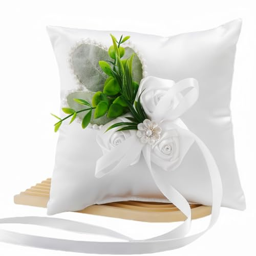 C.X.Y. Elegantes Ringkissen für Hochzeit, Weiß mit Rosen und grünen Blättern, verziert mit Satinschleife und Perlen, 18 x 18 cm