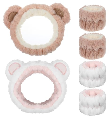 2 Stück Haarband Kosmetik für Make Up und Waschen, Bärenohren Elastisches Gesicht Handgelenk Waschband, Saugfähiges Abschmink Haarband für Mädchen Damen Yoga, Sport, Hautpflege Kosmetik Dusche